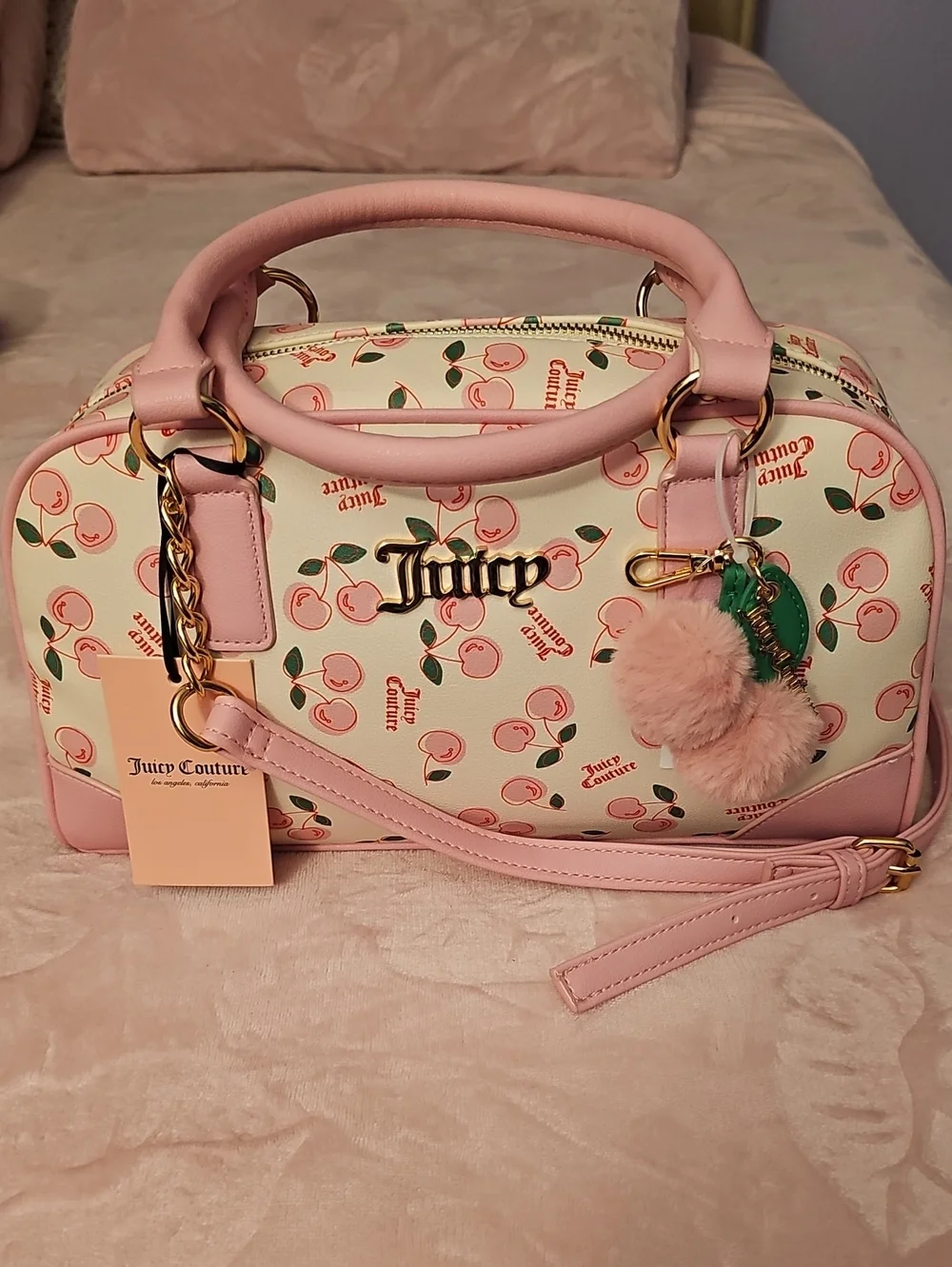 Juicy Couture Pink Cherry Print Purse with Pom-Pom Charm